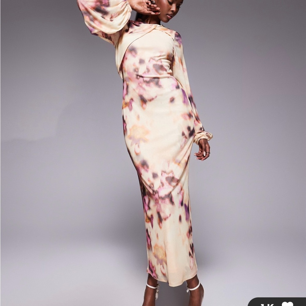 ASOS Elegant Cream and Purple Long Sleeve Dress